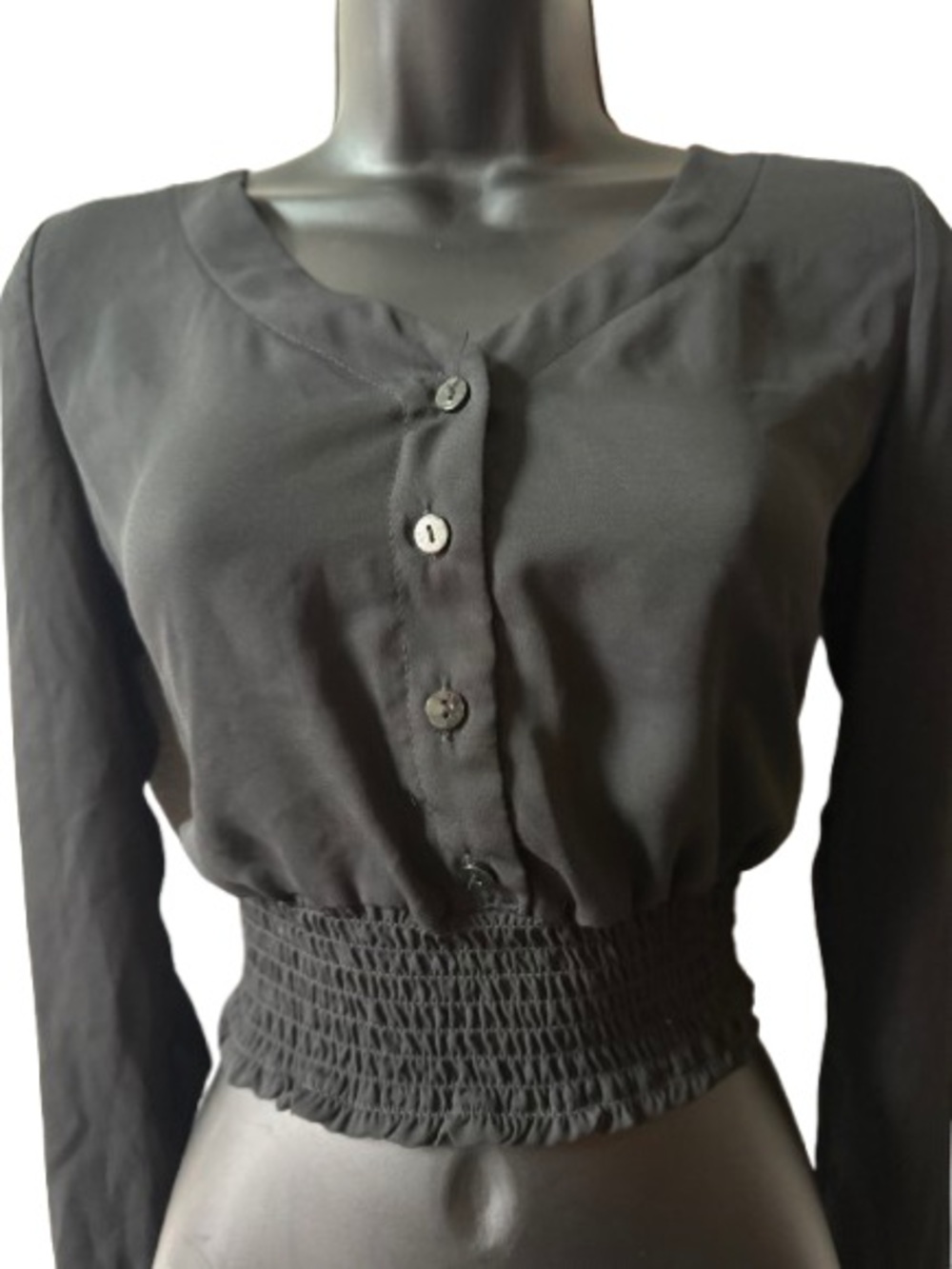 Heart & Hips Black Button-Front Smocked Waist Blouse